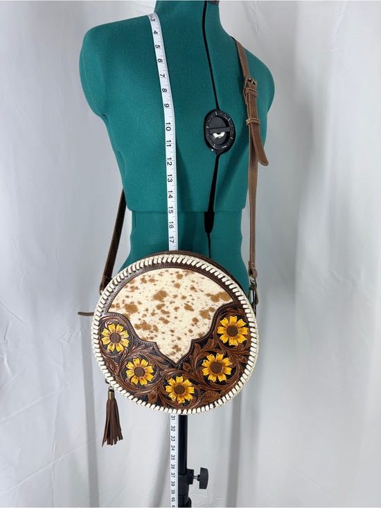Myra Bag Handbags - Myra Bag Brown and Cream Hand-Tooled Sunflower Round Crossbody